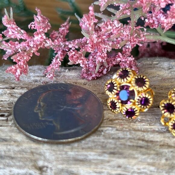 Gold Purple Floral Swarovski Crystals Statement Earrings - Picture 9 of 9